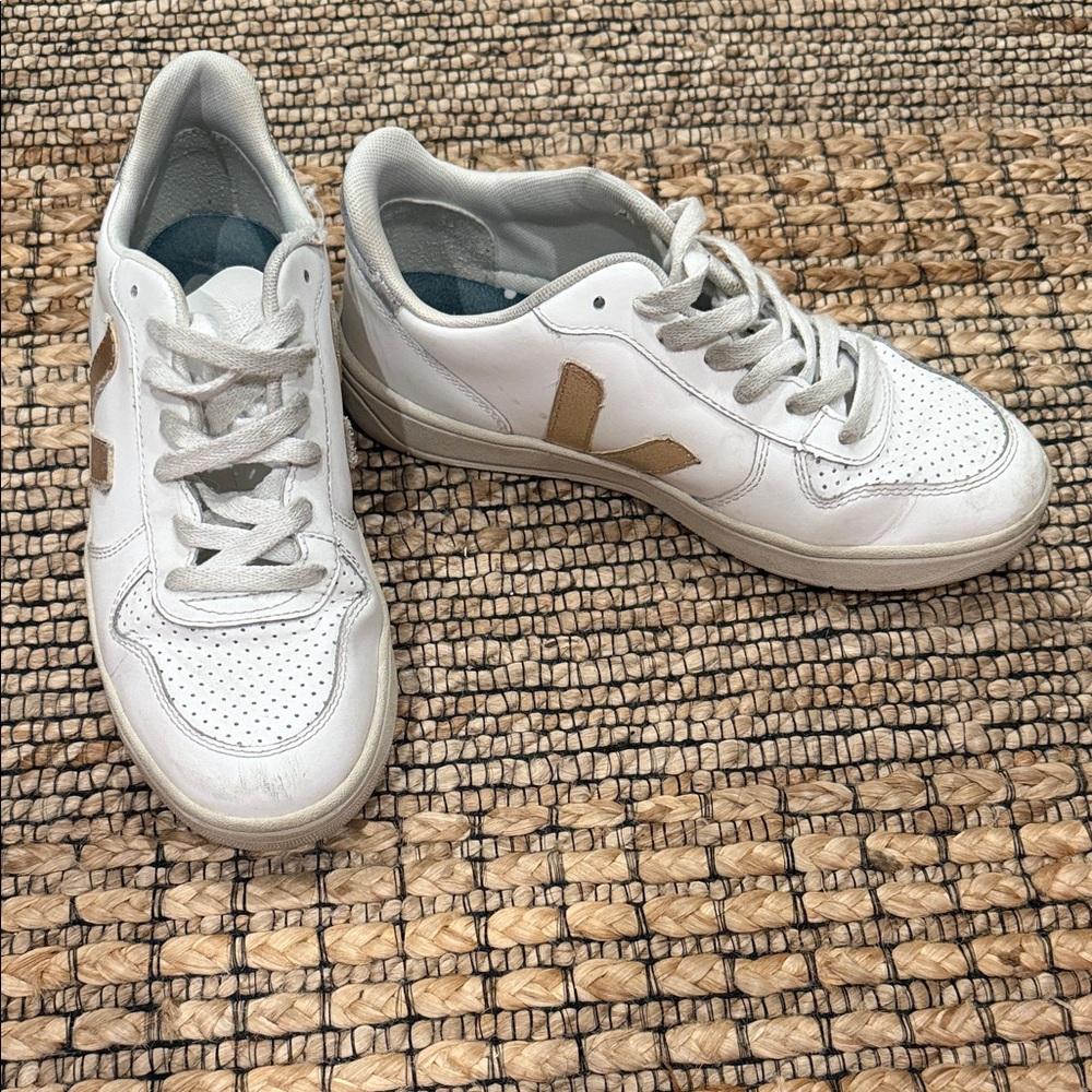 Veja Women’s White Leather Sneakers with gold 'V' Accent